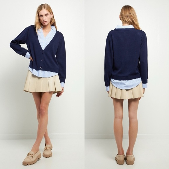 English Factory Blue Mixed Media Layered Cardigan Blouse Collared Button down - Picture 2 of 11